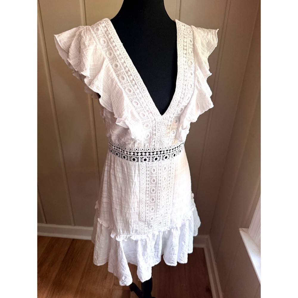 Audrey Parks Francesca's White Eyelet Ruffle Mini Dress Boho Crochet Panel M